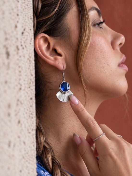 NKULTD Jewelry - Silver Drop Earrings Blue Crystal 925 Sterling Textured Fan Artisan Boho 1.8"